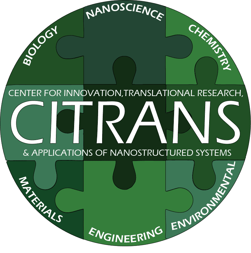 Logo for CITRANS with green puzzle pieces and the biology, nanosclae, chemistry, materials, engineering, environmental