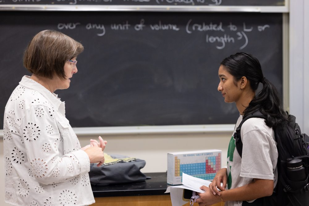 Susan Michael talks with a student in the classroom.