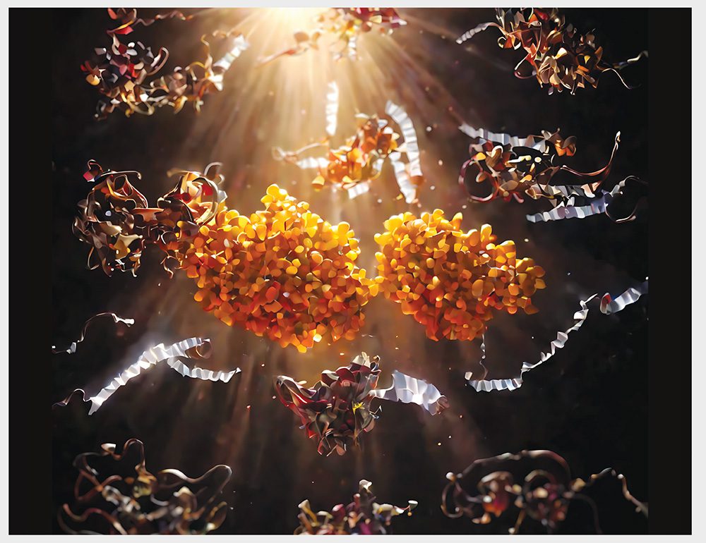 Mitchem's art piece "Guardian of the Cell," which depicts Heat shock protein 70 (Hsp70) against a black backdrop. Light is shining through from the top of the image as the swirling orange and white proteins float.