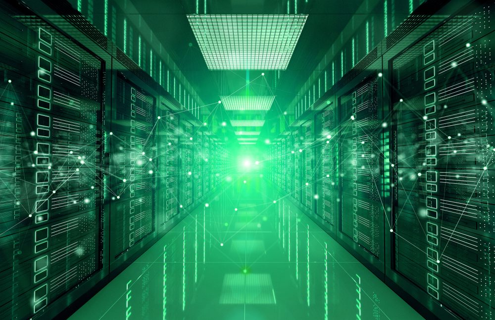 Connection network in a data center room with a green tint