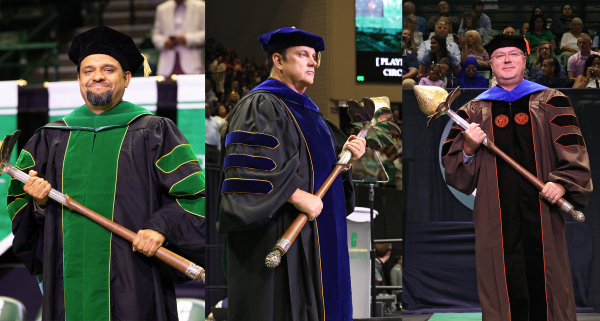 A composite of the three Klein College of Science marshals wearing graduation regalia while holding the mace.