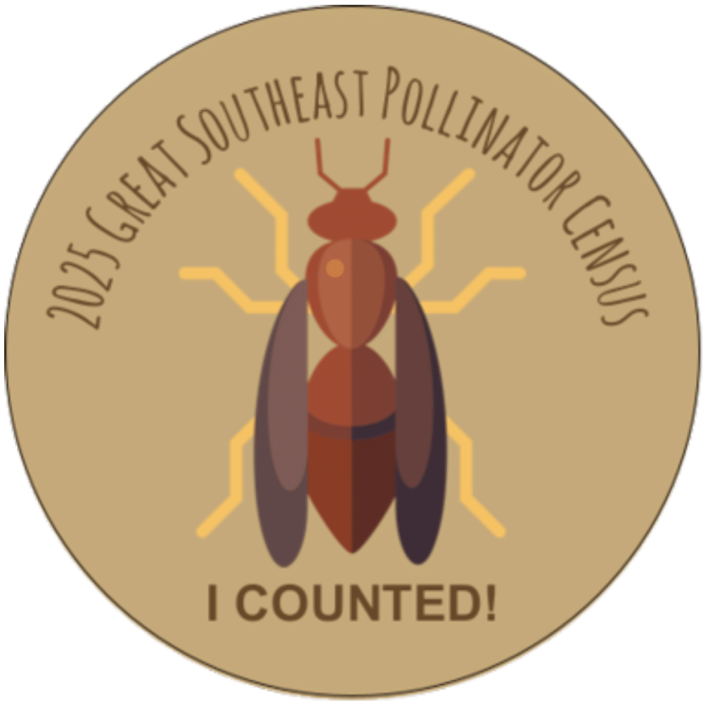 A sticker from the 2025 Great Southeast Pollinator Census that has a rendering of a bee and says "I counted"