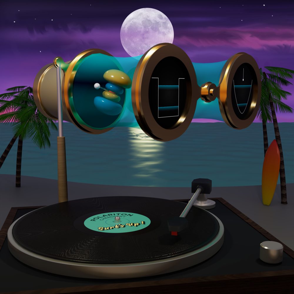 Image from the journal cover. A "quicksilver moon" brightens the quantum landscape above a beach scene featuring water, sand, palm trees and a surfboard, while a record player plays “Surf’s Up!” below. Large opera glasses in the middle of the scene have a trapped molecule between the mirrored lenses.