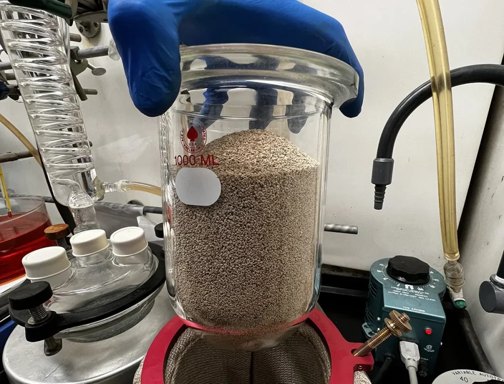 A blue golved hand holds a clear glass beaker full of small tan particles.