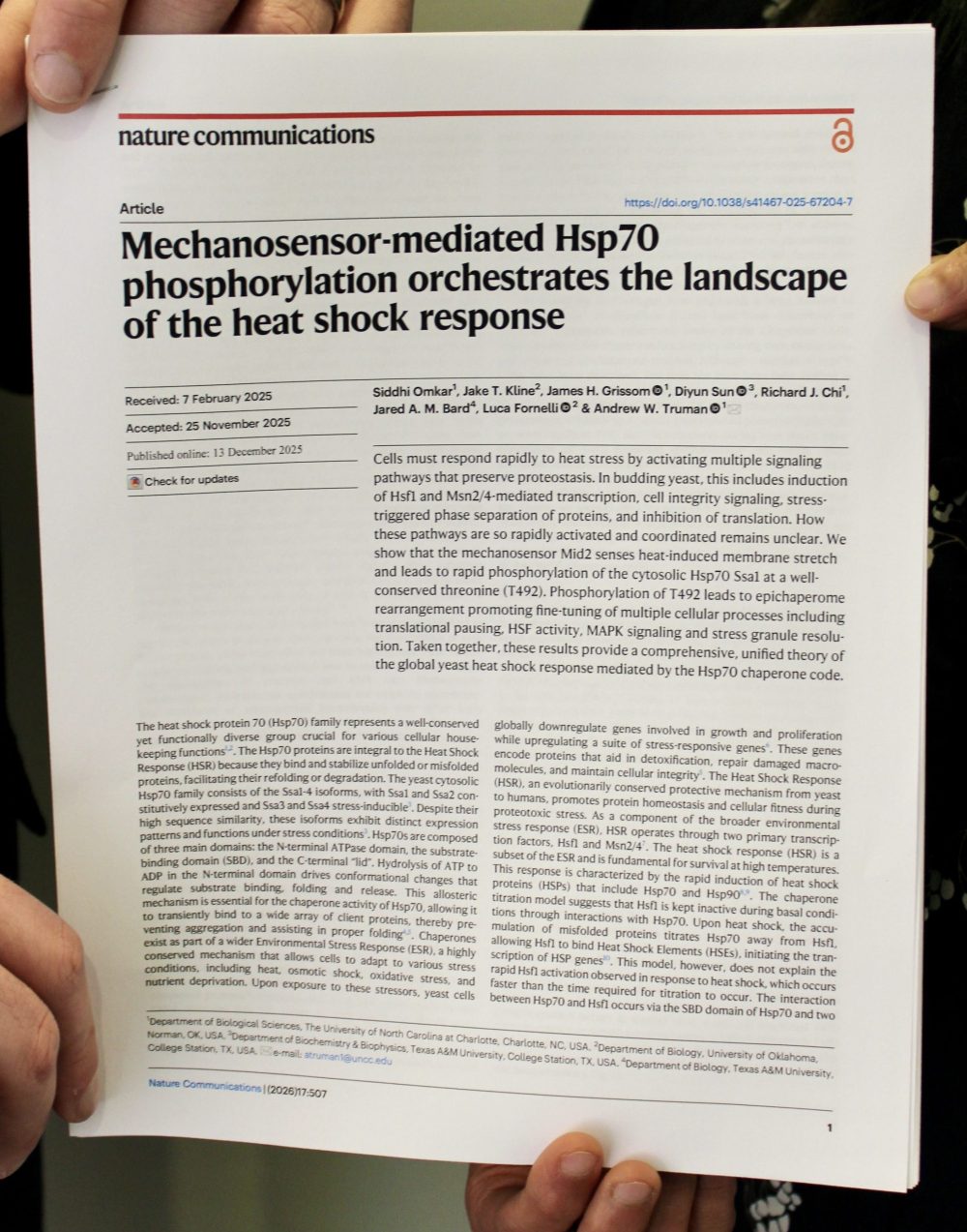 Close up of the printed article featured in Nature Communications