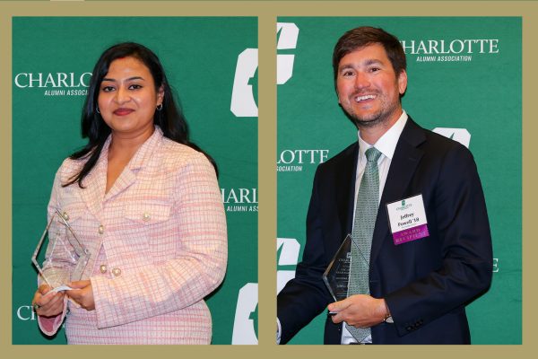 The two awardees in separate images hold their trophies, smiling, against a UNC Charlotte backdrop.